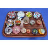 Collection of fifteen glass paperweights, mostly Millefiori.