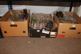 Three boxes of cut glass, glass wares and two tiled coffee tables.