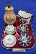 Four Cabinet cups and saucers, Masons Mandalay planter and Charlotte Rhead style lamp.