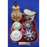 Four Cabinet cups and saucers, Masons Mandalay planter and Charlotte Rhead style lamp.