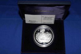 The Queen Mother silver proof coin with pearl, Sierra Leone 5oz with COA and cased.