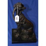 Bronze sculpture of hound with stick, 37cm.