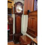 Antique mahogany eight day longcase clock having arched moon phase dial, signed Butler, Birmingham.