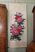 Hand painted Chinese floral scroll with box, 189cm by 83cm overall.