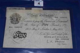 Bank of England L. K. O'Brien white five pound note, London 5th May 1955, Z64 038232.