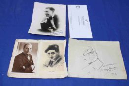 Autographed photographs of George Formby, Harry Lauder caricature and Will Fyffe piece.