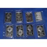 Eight silver 999 fine silver one troy ounce (1oz) bars.