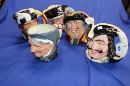Collection of five Royal Doulton character jugs including The Trapper and Granny.