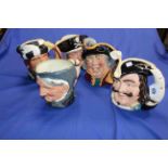 Collection of five Royal Doulton character jugs including The Trapper and Granny.