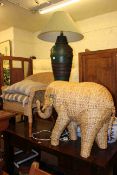 Wicker chair, wicker elephant, floor lamp, three jardinieres and plant (7).