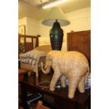 Wicker chair, wicker elephant, floor lamp, three jardinieres and plant (7).