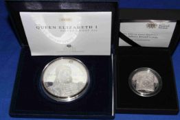 2008 Queen Elizabeth I silver proof 5oz Cook Islands and a Royal Mint 2008 Elizabeth I UK £5 coin