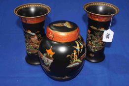 Carlton ware Chinoiserie garniture of ginger jar and pair of vases, 21cm.