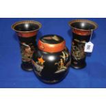 Carlton ware Chinoiserie garniture of ginger jar and pair of vases, 21cm.