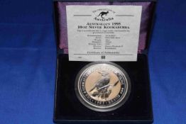 Australian silver proof 1995 Kookaburra $10 10oz coin with COA and cased.