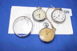 Gents silver pocket watch, stop watch and watch, and silver bangle (4).