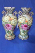 Pair Japanese two handled vases, 21cm.