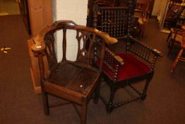 Victorian oak bobbin column armchair and antique splat back corner chair (2).