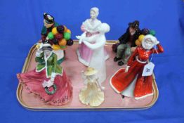 Royal Doulton 'The Old Balloon Seller' and 'The Balloon Man', and five various lady figures (7).