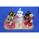 Royal Doulton 'The Old Balloon Seller' and 'The Balloon Man', and five various lady figures (7).