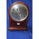 Mahogany and burr inlay mantel clock with eight day striking movement, 38cm.