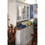 White and pine glazed door top dresser, 196cm by 157cm.