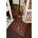 Circular brass topped folding coffee table, copper warming pan and brass skimmer,
