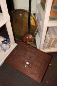 Circular brass topped folding coffee table, copper warming pan and brass skimmer,