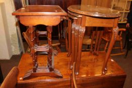 Oval burr walnut nest of three tables and mahogany nest of three tables.