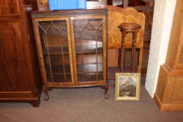 Early 20th Century mahogany two door china cabinet, walnut bed head, twist column plant stand,