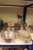 Tiffany style lamp, silver plated teapot, two handled dishes and glass.