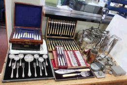 Collection of silver plate and flatware including cased mother-of-pearl handled dessert knives and