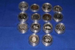 Fourteen capsulated silver proof QEII one pound (£1) coins.