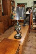 Pair handsome Chinoiserie table lamps and shades, the urn shaped bodies decorated with figures,