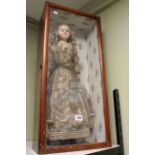 Victorian wax head mourning doll in glass case, 67cm.