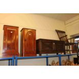 Farmhouse style elbow chair, carved oak blanket box and two Victorian mahogany pot cupboards (4).