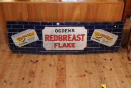 Vintage enamel sign, Ogdens Redbreast Flake, 46cm by 143cm.