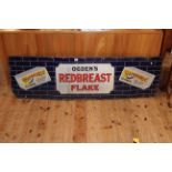 Vintage enamel sign, Ogdens Redbreast Flake, 46cm by 143cm.