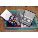 Box collection of coins, badges, presentation packs and coin cased sets,