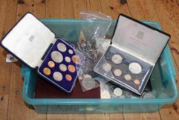 Box collection of coins, badges, presentation packs and coin cased sets,