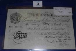 Bank of England Beale white five pound note, London 6th June 1952, X99 093081.