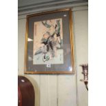 Eizan, wood block print of two Oriental ladies, framed, 55cm by 42cm overall.