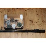 Three salmon fly rods and collection of reels.