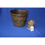 Antique bronze cylindrical box, 9cm, together with jardiniere (2).