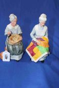 Two Royal Doulton figures, Embroidering and Eventide.