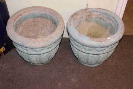 Pair circular painted concrete garden planters, 34cm by 41cm diameter.