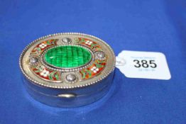 Continental silver and enamel oval box, with ornate lid, unmarked, 7cm across.