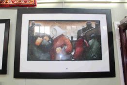 Lou Harris original work, Huddle, with figures in snowing scene, signed, framed,