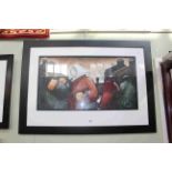 Lou Harris original work, Huddle, with figures in snowing scene, signed, framed,