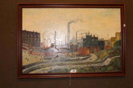 Mary Maden, Northern Industrial Scene, oil on board, signed lower right, 53cm by 81.5cm, framed.